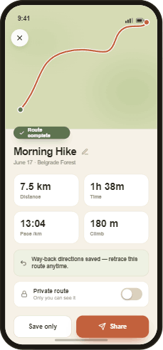 Route summary with distance, pace and way-back navigation